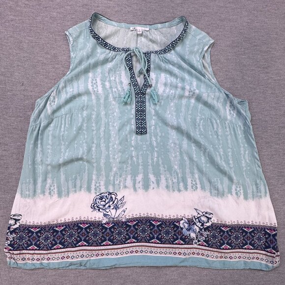 DR2 Womens Tunic Top Blue Sleeveless Tie Dyed Rose Rayon Tie Fringe Boho Size 2X - Picture 3 of 12